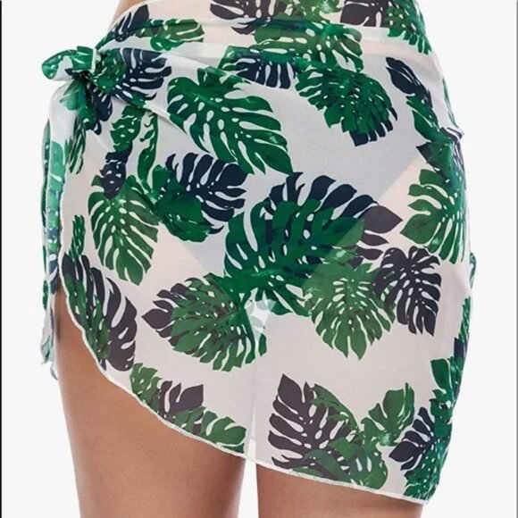 SARONG Cover up Beach Swim Wrap Tropical Green Palm Leaves Mini Tie Womens Large - Picture 2 of 10